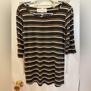 French Laundry Black and Gold Striped Casual Blouse with Button Detailing